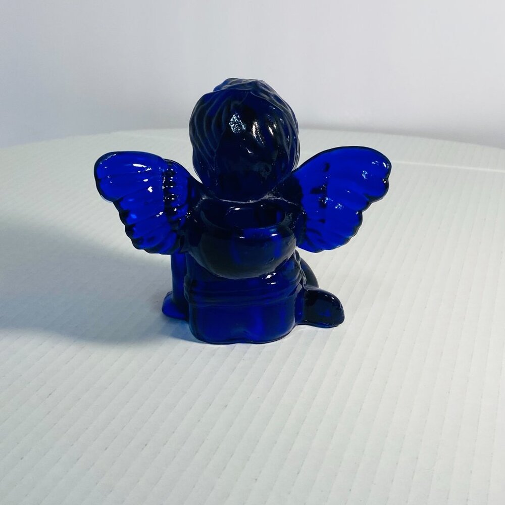 VTG Two Cobalt Blue Glass Sitting Angel Cherub Taper Candle Holders 5"x 5"x 5" - Picture 12 of 17